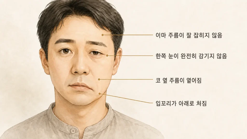 이마 주름과 눈 감기, 코 옆 주름, 입꼬리에서 나타나는 말초성 안면마비 증상