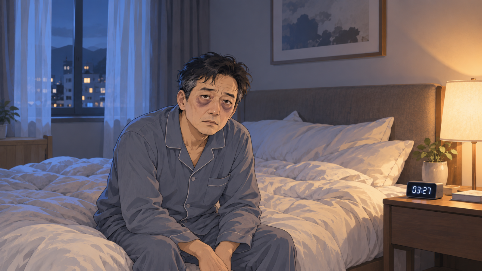 새벽에 이유없이 잠이 깨서 힘들어하는 중년 남성의 모습