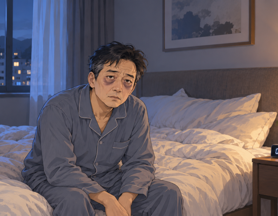 새벽에 이유없이 잠이 깨서 힘들어하는 중년 남성의 모습